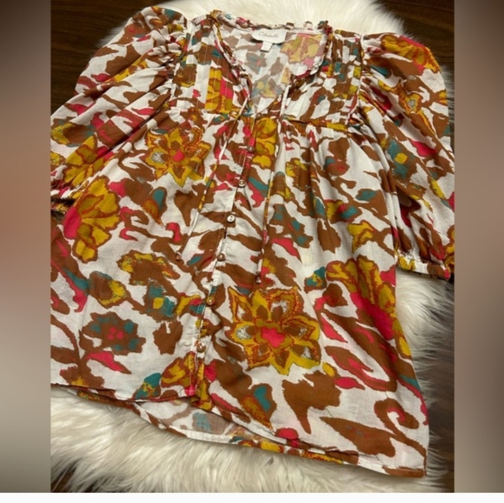 Cleobella Multicolor Floral Puff-Sleeve Peasant Blouse - Picture 8 of 10
